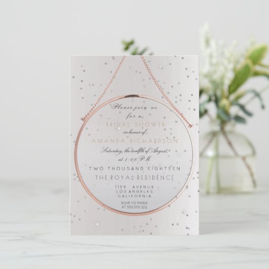 Brautparty Bachelorette Silver Pink Rose Einladung (Stehend Vorderseite)