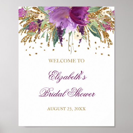 Brautparty Begrüßung Glitzer Floral Amethyst Poster (Vorne)