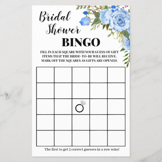 Brautparty Bingo Blue Flowers Game Card Flyer (Vorne)