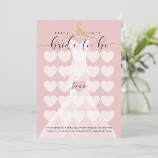 Brautparty Bingo Chic Wedding Dress Dusche Game Einladung (Stehend Vorderseite)