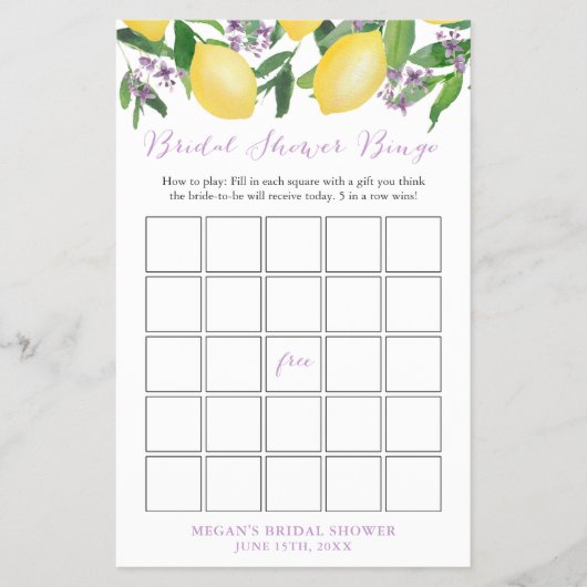 Brautparty Bingo Game Card mit Lemons Lavendel Flyer (Vorne)