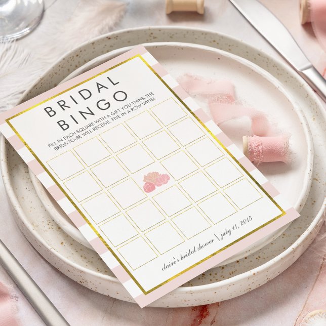 Brautparty Bingo Game Card | Pink Stripe Peony (Von Creator hochgeladen)