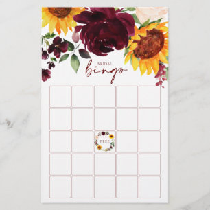 Brautparty Bingo Game Sonnenblumen Burgund Rose