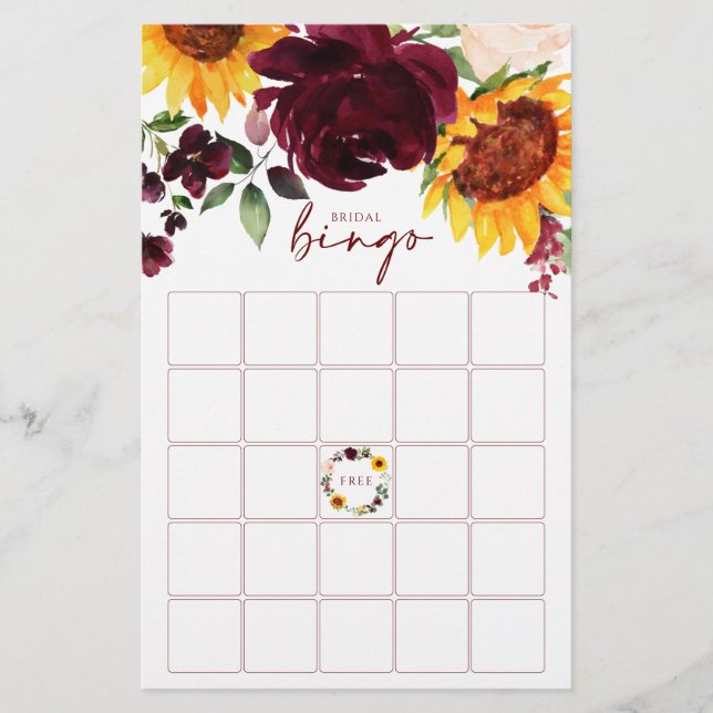 Brautparty Bingo Game Sonnenblumen Burgund Rose (Vorderseite)