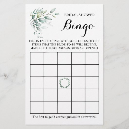 Brautparty Bingo Greenery Eukalyptus Game Card Flyer (Vorne)