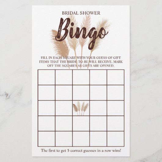 Brautparty Bingo Pampas Grass Game Card Flyer (Vorne)