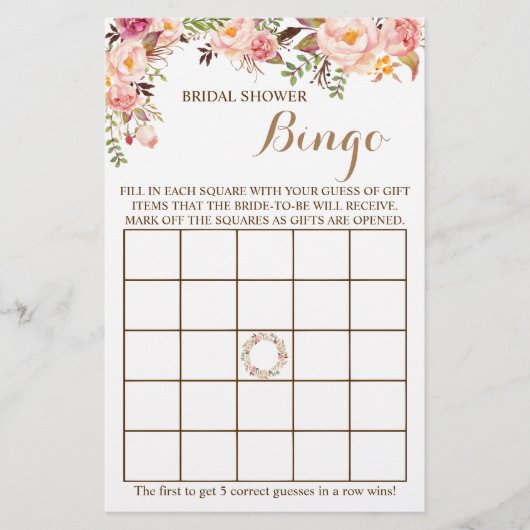 Brautparty Bingo Pink Floral Game Card Flyer (Vorne)
