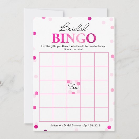 Brautparty Bingo | Pink Magenta Confetti Game Einladung (Vorderseite)