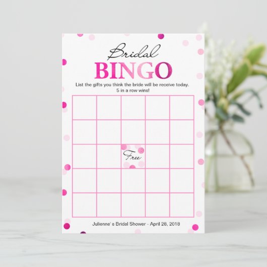 Brautparty Bingo | Pink Magenta Confetti Game Einladung (Stehend Vorderseite)