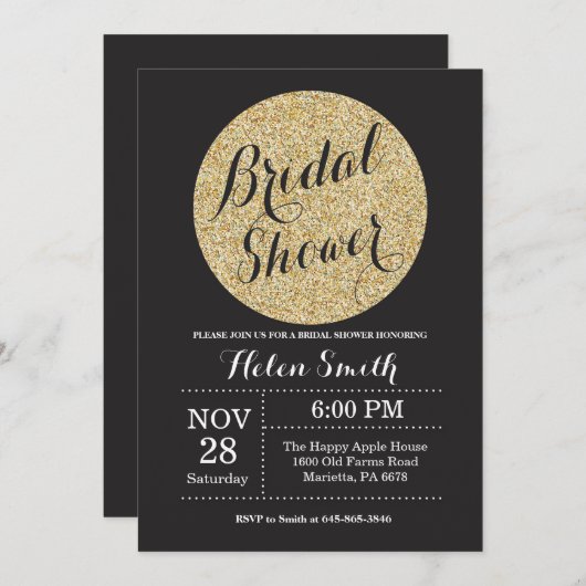 Brautparty Black and Gold Glitzer Einladung (Vorne/Hinten)