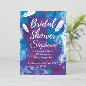Brautparty, Blau und Federn Einladung (Stehend Vorderseite)