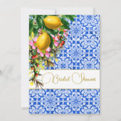 Brautparty Blau Weiße Tile Lemons Floral Einladung (Rückseite)