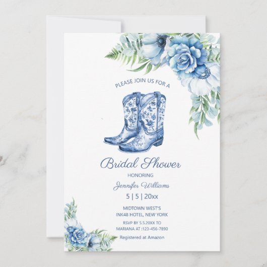 Brautparty blaue Cowgirl Stiefel Blumenstrauß West Einladung (Vorderseite)
