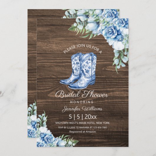 Brautparty blaue Cowgirl Stiefel florale rustikale Einladung (Vorne/Hinten)