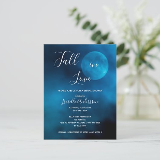 Brautparty blauer Mond fällt in Liebe Einladung Postkarte (Stehend Vorderseite)
