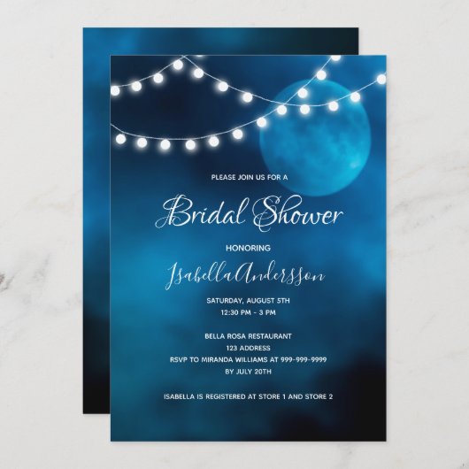 Brautparty blauer Mond Lichter romantisch Einladung (Vorne/Hinten)