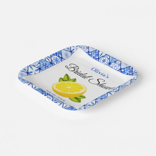 Brautparty Blauer Tile Lemon Pappteller (Gewinkelt)