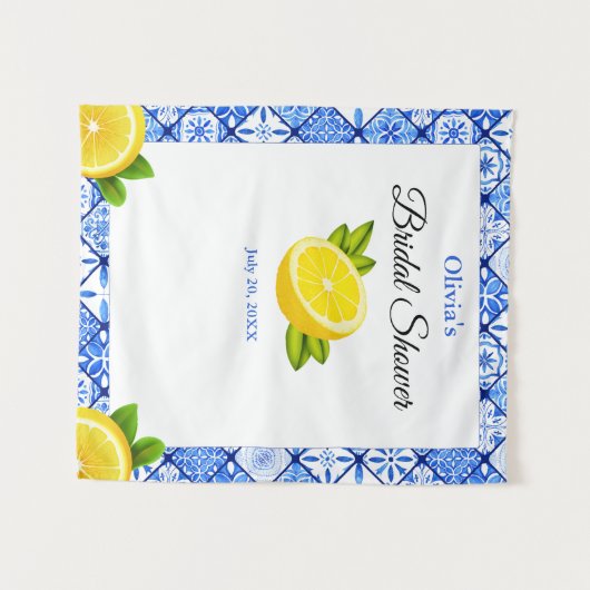 Brautparty Blauer Tile Lemon Wandteppich (Vorderseite (Horizontal))