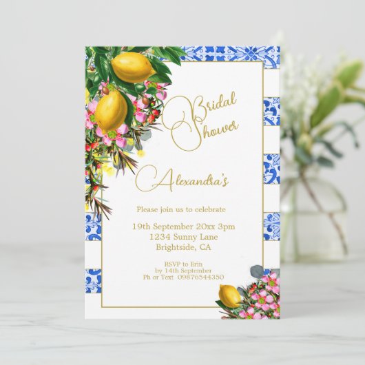 Brautparty Blauer weißer Streifen Lemons Bläschen Einladung (Stehend Vorderseite)