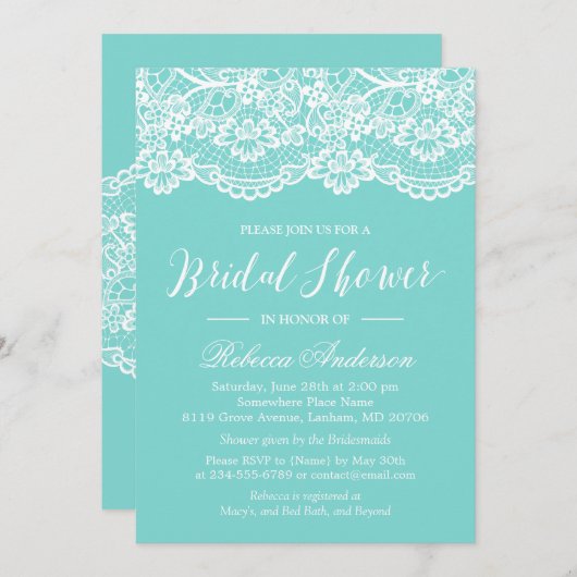 Brautparty Blue Elegantes Spitzentyp Einladung (Vorne/Hinten)