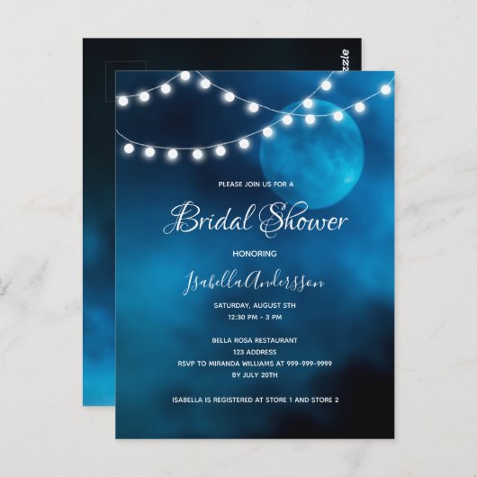 Brautparty Blue Moon Lichter Saiten Einladung Postkarte (Vorne/Hinten)