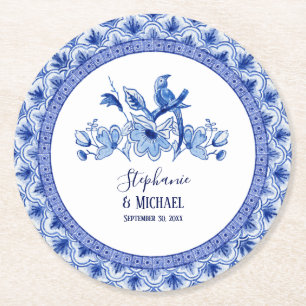 Brautparty Blue White Chinoiserie Bird Runder Pappuntersetzer