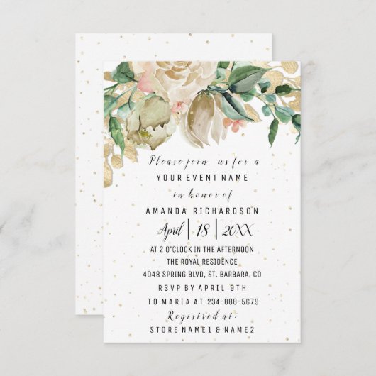 Brautparty Blume Brunch Greenery White Confett Einladung (Vorne/Hinten)