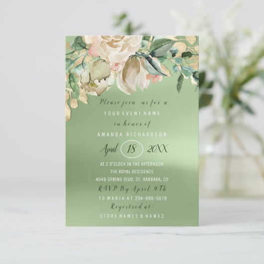 Brautparty Blume Brunch Grünpflanzen Gold Rose Einladung (Stehend Vorderseite)