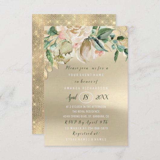 Brautparty Blume Brunch Ivory Green Gold Rose Einladung (Vorne/Hinten)