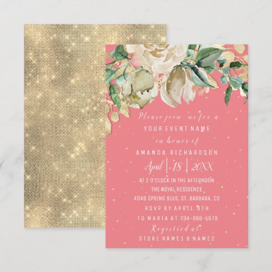 Brautparty Blume Brunch Mint Rosa Confetti Einladung (Vorne/Hinten)