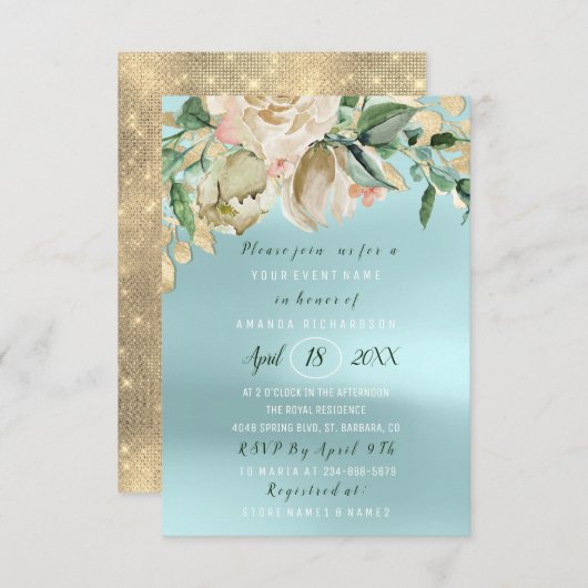 Brautparty Blume Brunch Minze Rose Blau Einladung (Vorne/Hinten)