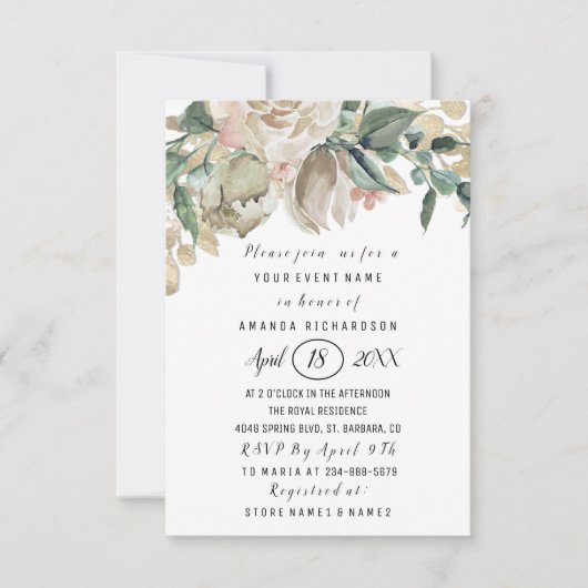 Brautparty Blume Grünpflanzen Gold Glitzer Punkte Einladung (Vorderseite)