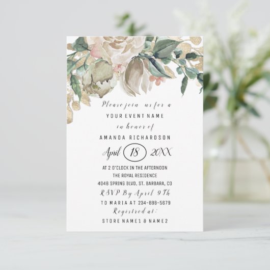 Brautparty Blume Grünpflanzen Gold Glitzer Punkte Einladung (Stehend Vorderseite)