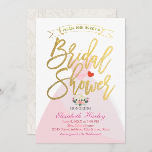 Brautparty Blumenbriefe Kleid Diamantring Einladung (Vorne/Hinten)