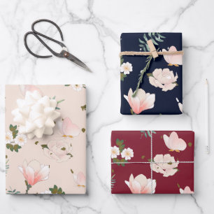 Brautparty Blumenmuster l Navy Burgundy Pink Geschenkpapier Set