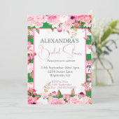 Brautparty Blumenmuster Rose Grün rosa Streifen Einladung (Stehend Vorderseite)
