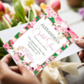 Brautparty Blumenmuster Rose Grün rosa Streifen Einladung