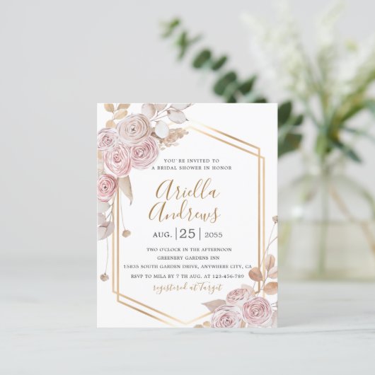 Brautparty Blumenrosa, Goldeinladung (Stehend Vorderseite)