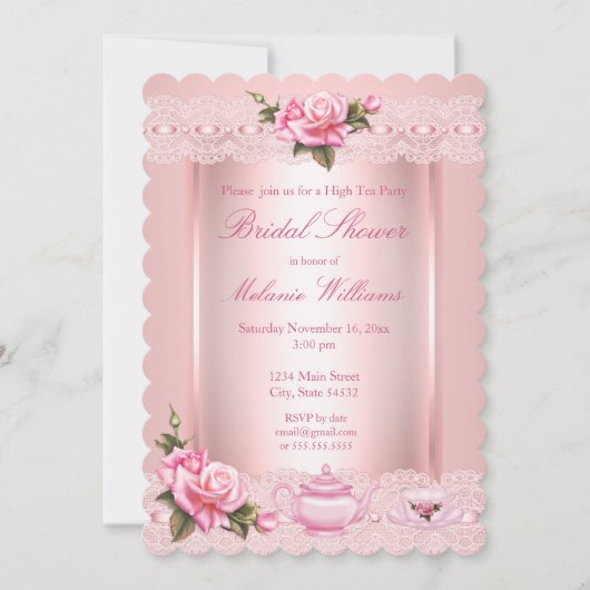 Brautparty Blumenrosa Rosen Hoher Tee Party Einladung (Vorderseite)