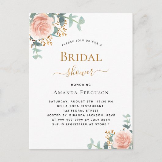 Brautparty Blütenblättrige Rose Goldblättrige Euka Einladungspostkarte (Vorderseite)