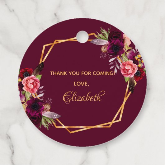 Brautparty-Blütengold-Bordeaux Geschenkanhänger (Rückseite)