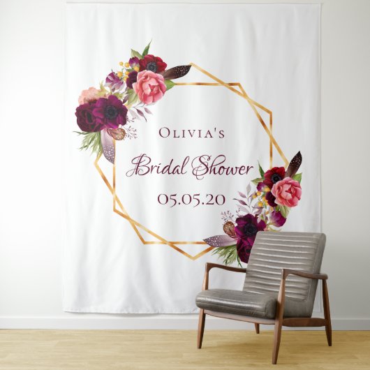 Brautparty Blütengold geometrischer Bordeaux-Name Wandteppich (Beispiel)
