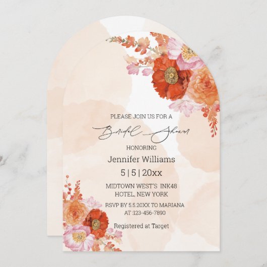 Brautparty-Bogen für moderne, orangefarbene Blume Einladung (Vorne/Hinten)