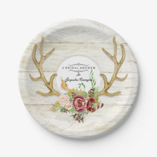 Brautparty Boho Deer Antler Rote Rose Wasserfarbe Pappteller
