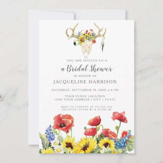 Brautparty BOHO Deer Skull Antler w Sonnenblumen Einladung (Vorderseite)