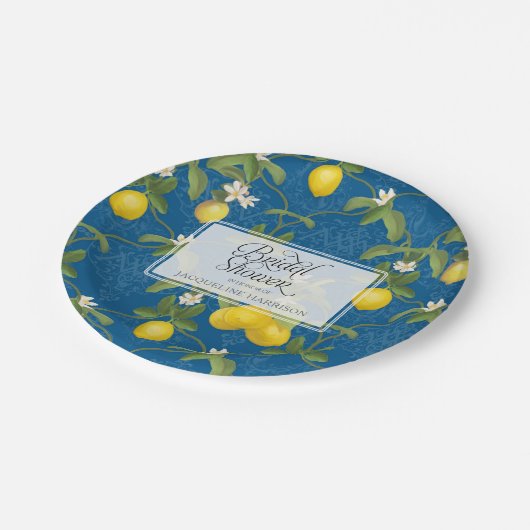 Brautparty BOHO Royal Blue Lemon Blume Citrus Pappteller (Schrägansicht)