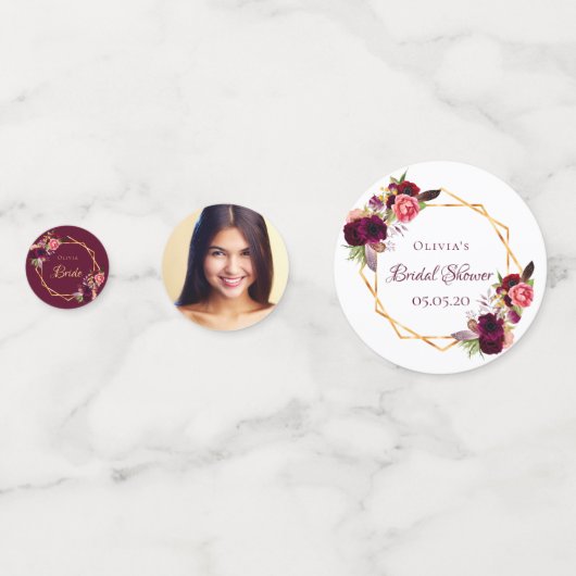 Brautparty Bordeaux-Blumengestein Foto Konfetti (Rückseiten)