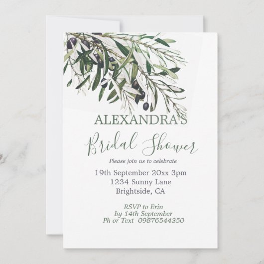 Brautparty Botanischer Grüner Olivenzweig Italiens Einladung (Vorderseite)