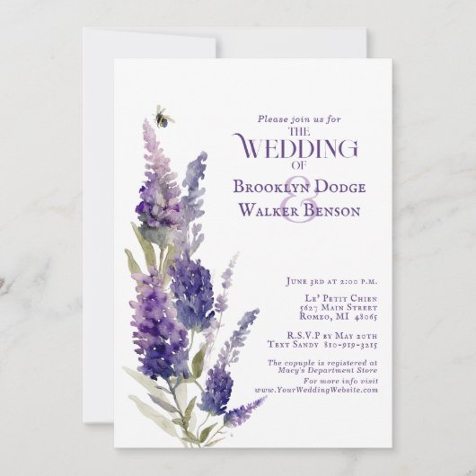 Brautparty Botanischer Lavendel Lila Einladung (Vorderseite)