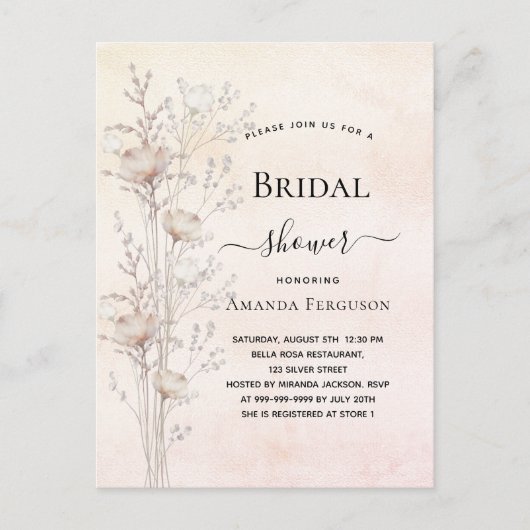 Brautparty Braun Creme Wildblumen boho Einladungspostkarte (Vorderseite)